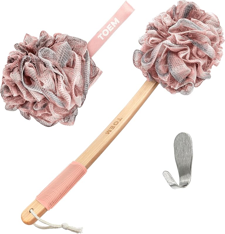 Rose Pink loofah back scrubber with bath pouf and hook