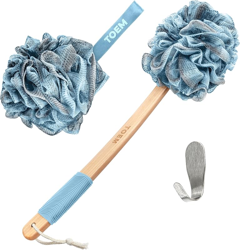 Sky Blue loofah back scrubber with bath pouf and hook