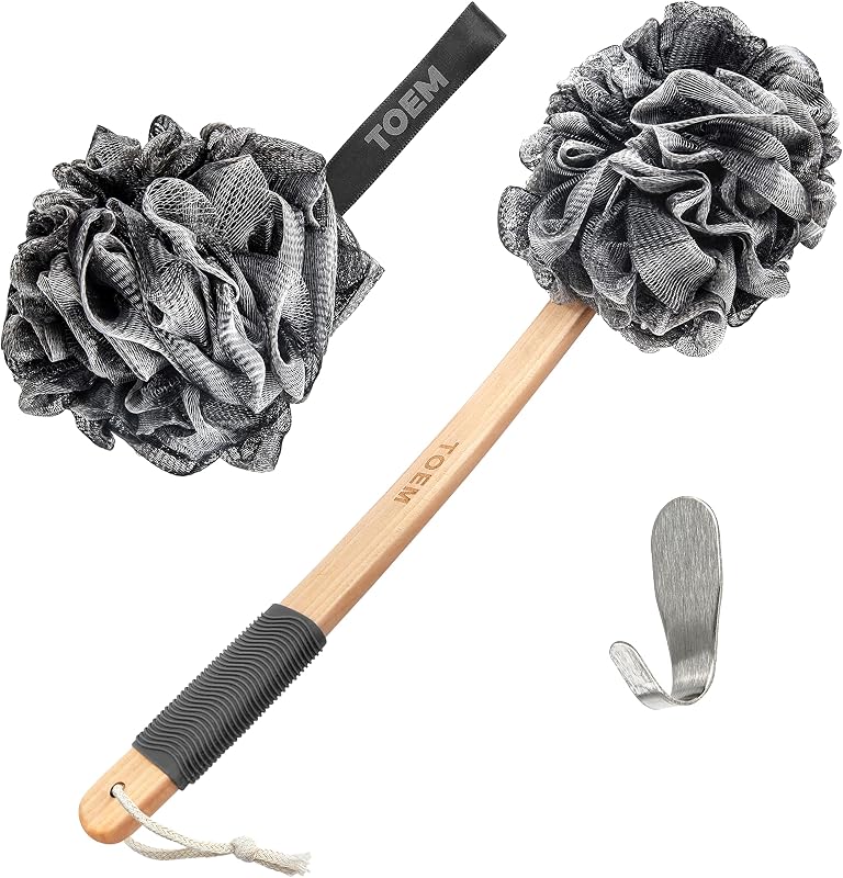 Toem loofah back scrubber with bath pouf and hook